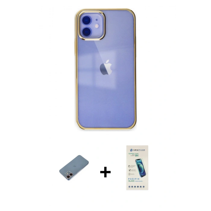 MARSİLYAN™- iPhone 12 Kılıf Doruk Doku Prime - Şeffaf Pasifik Cam Ekran Koruyucu + Shine Kamera Lens Koruma Cam - PE