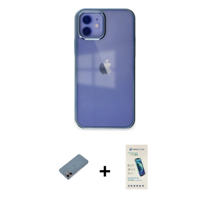 MARSİLYAN™- iPhone 12 Kılıf Doruk Doku Prime - Şeffaf Pasifik Cam Ekran Koruyucu + Shine Kamera Lens Koruma Cam - PE