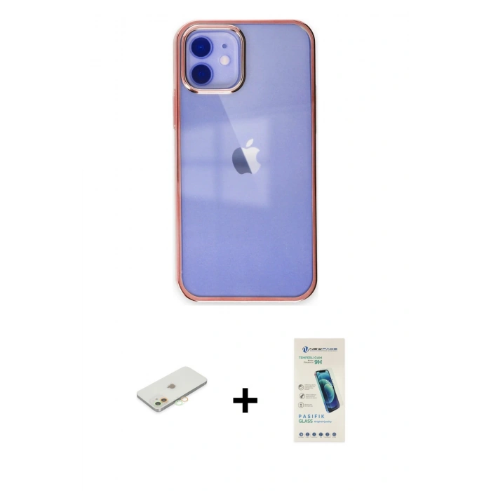 MARSİLYAN™- iPhone 12 Kılıf Doruk Doku Prime - Şeffaf Pasifik Cam Ekran Koruyucu + Renkli Kamera Lens Koruma Cam - TU