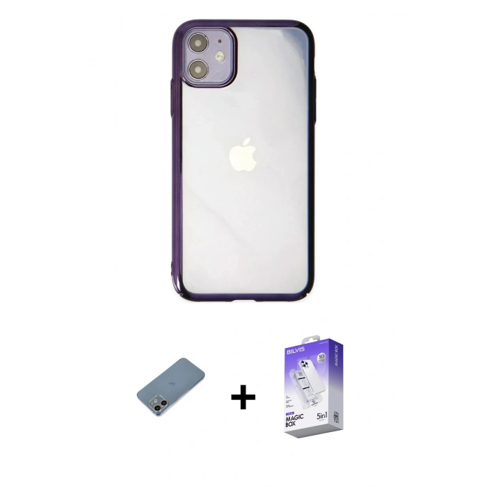 MARSİLYAN™- iPhone 12 Kılıf Doruk Doku Prime - Siyah Bilvis 5in1 3D Magic Cam Ekran Koruyucu + Shine Kamera Lens Koruma Cam - GI