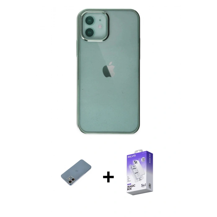 MARSİLYAN™- iPhone 12 Kılıf Doruk Doku Prime - Siyah Bilvis 5in1 3D Magic Cam Ekran Koruyucu + Shine Kamera Lens Koruma Cam - GI