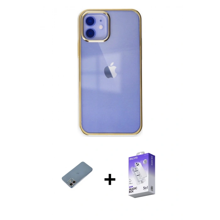 MARSİLYAN™- iPhone 12 Kılıf Doruk Doku Prime - Siyah Bilvis 5in1 3D Magic Cam Ekran Koruyucu + Shine Kamera Lens Koruma Cam - GI