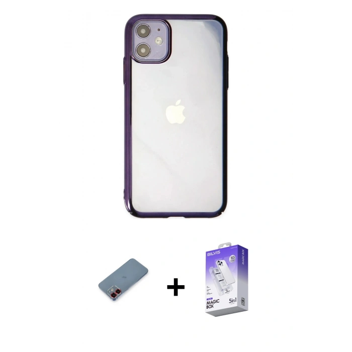 MARSİLYAN™- iPhone 12 Kılıf Doruk Doku Prime - Siyah Bilvis 5in1 3D Magic Cam Ekran Koruyucu + Metal Kamera Lens Koruma Cam - KI