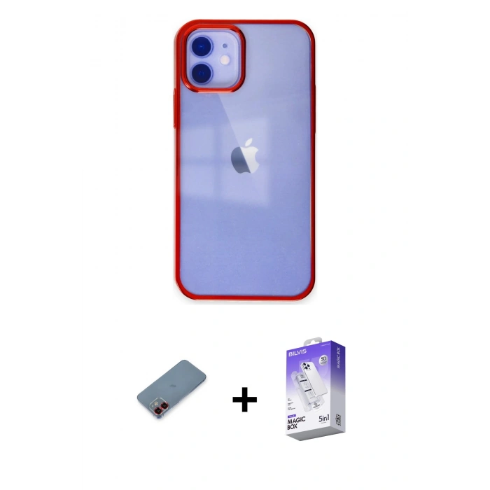 MARSİLYAN™- iPhone 12 Kılıf Doruk Doku Prime - Siyah Bilvis 5in1 3D Magic Cam Ekran Koruyucu + Metal Kamera Lens Koruma Cam - KI