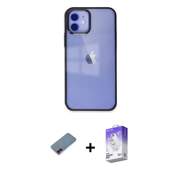 MARSİLYAN™- iPhone 12 Kılıf Doruk Doku Prime - Siyah Bilvis 5in1 3D Magic Cam Ekran Koruyucu + Metal Kamera Lens Koruma Cam - KI