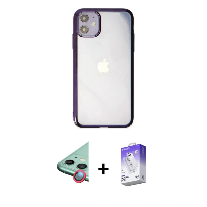MARSİLYAN™- iPhone 12 Kılıf Doruk Doku Prime - Siyah Bilvis 5in1 3D Magic Cam Ekran Koruyucu + Kırmızı Raze Metal Kamera Lens