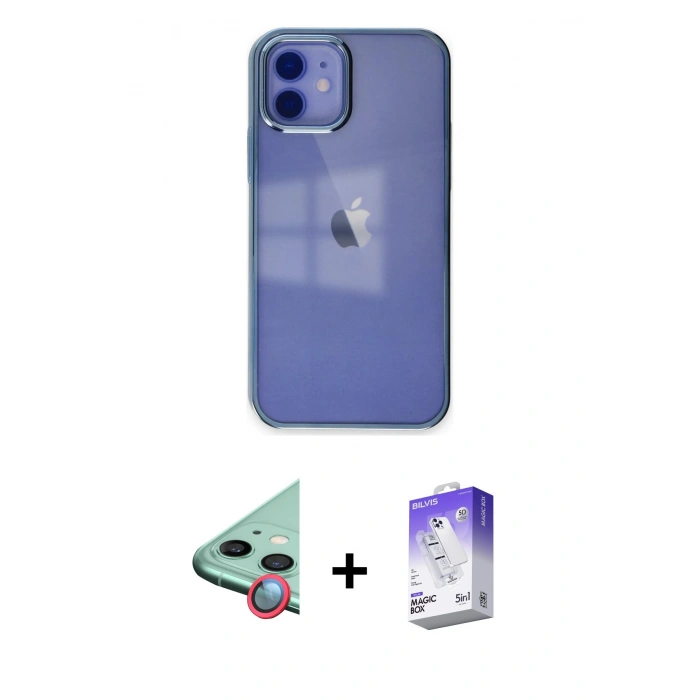 MARSİLYAN™- iPhone 12 Kılıf Doruk Doku Prime - Siyah Bilvis 5in1 3D Magic Cam Ekran Koruyucu + Kırmızı Raze Metal Kamera Lens
