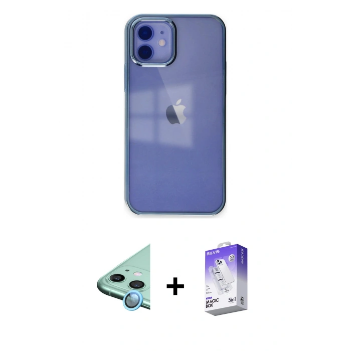 MARSİLYAN™- iPhone 12 Kılıf Doruk Doku Prime - Siyah Bilvis 5in1 3D Magic Cam Ekran Koruyucu + Raze Metal Kamera Lens - MI