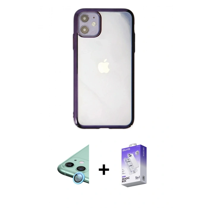 MARSİLYAN™- iPhone 12 Kılıf Doruk Doku Prime - Siyah Bilvis 5in1 3D Magic Cam Ekran Koruyucu + Raze Metal Kamera Lens - MI