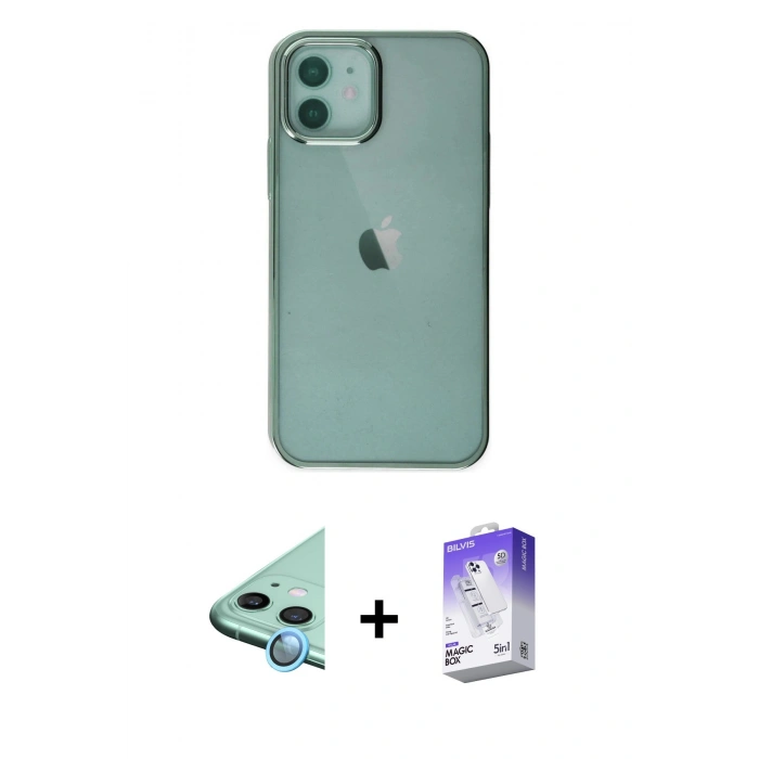 MARSİLYAN™- iPhone 12 Kılıf Doruk Doku Prime - Siyah Bilvis 5in1 3D Magic Cam Ekran Koruyucu + Raze Metal Kamera Lens - MI