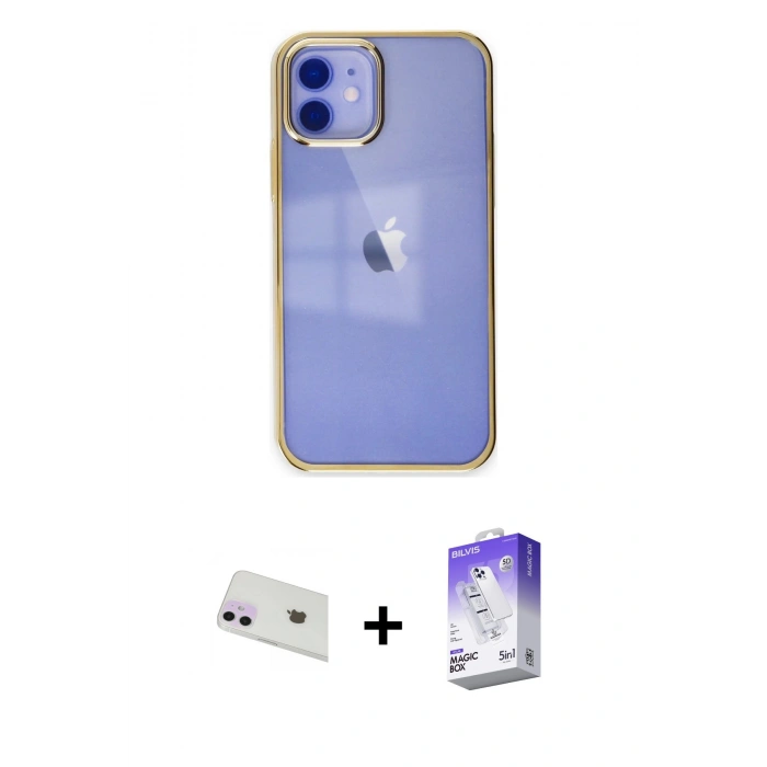 MARSİLYAN™- iPhone 12 Kılıf Doruk Doku Prime - Siyah Bilvis 5in1 3D Magic Cam Ekran Koruyucu + Rainbow Kamera Lens Koruma Cam - MR