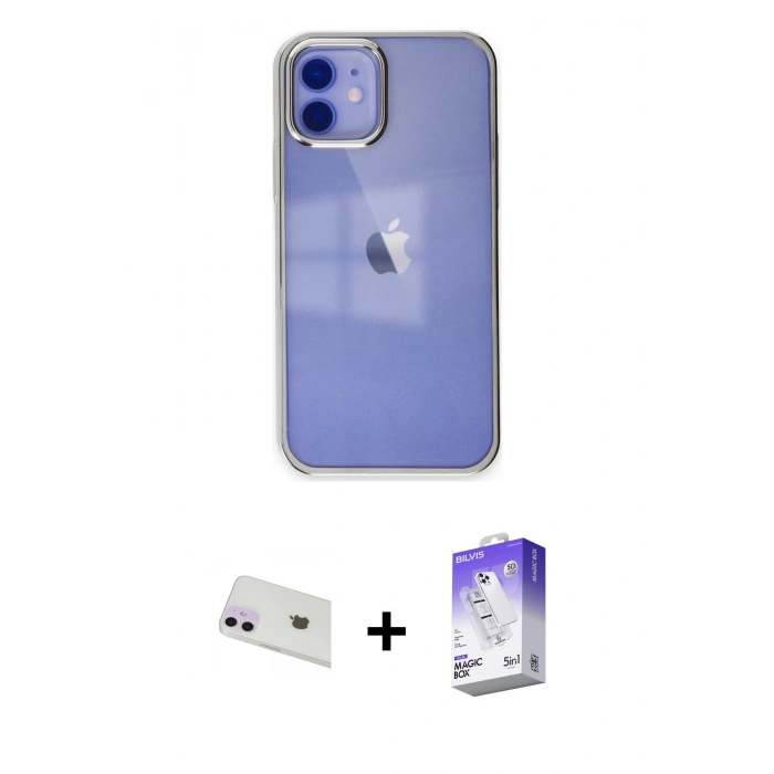 MARSİLYAN™- iPhone 12 Kılıf Doruk Doku Prime - Siyah Bilvis 5in1 3D Magic Cam Ekran Koruyucu + Rainbow Kamera Lens Koruma Cam - MR