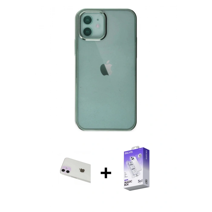 MARSİLYAN™- iPhone 12 Kılıf Doruk Doku Prime - Siyah Bilvis 5in1 3D Magic Cam Ekran Koruyucu + Rainbow Kamera Lens Koruma Cam - MR