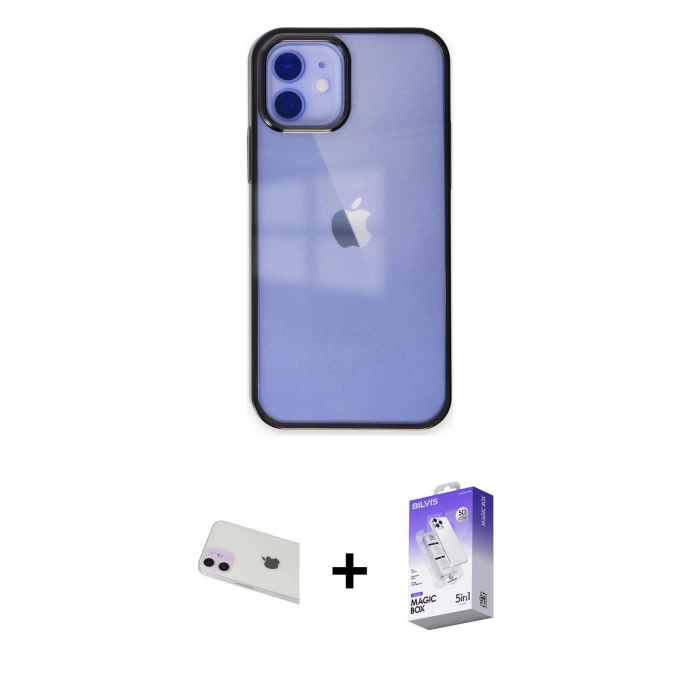 MARSİLYAN™- iPhone 12 Kılıf Doruk Doku Prime - Siyah Bilvis 5in1 3D Magic Cam Ekran Koruyucu + Rainbow Kamera Lens Koruma Cam - MR