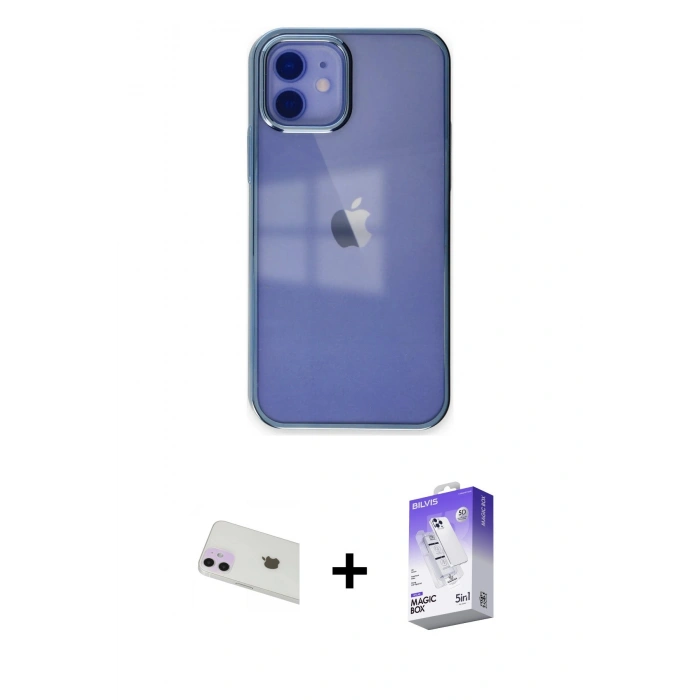 MARSİLYAN™- iPhone 12 Kılıf Doruk Doku Prime - Siyah Bilvis 5in1 3D Magic Cam Ekran Koruyucu + Rainbow Kamera Lens Koruma Cam - MR