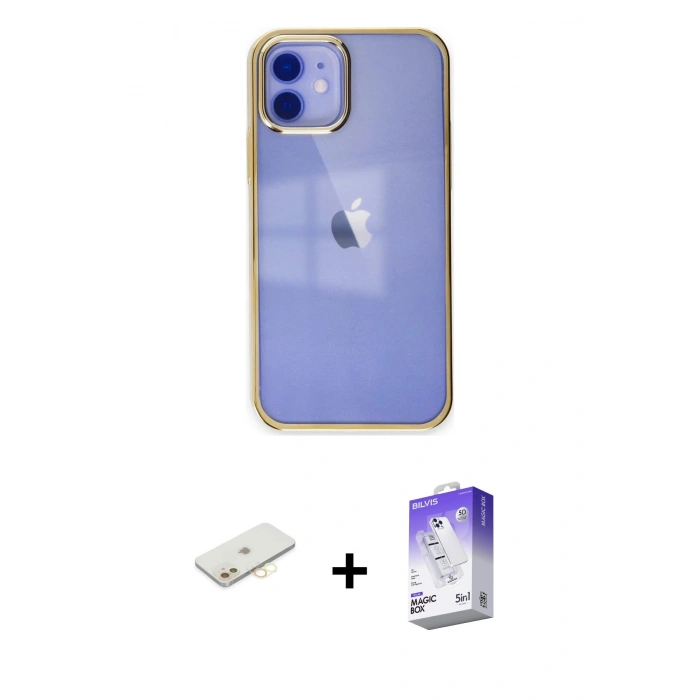 MARSİLYAN™- iPhone 12 Kılıf Doruk Doku Prime - Siyah Bilvis 5in1 3D Magic Cam Ekran Koruyucu + Renkli Kamera Lens Koruma Cam - SI