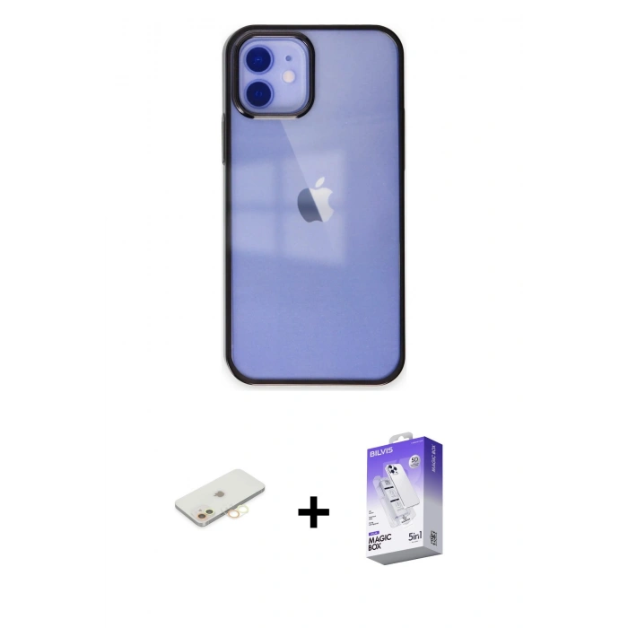 MARSİLYAN™- iPhone 12 Kılıf Doruk Doku Prime - Siyah Bilvis 5in1 3D Magic Cam Ekran Koruyucu + Renkli Kamera Lens Koruma Cam - SI