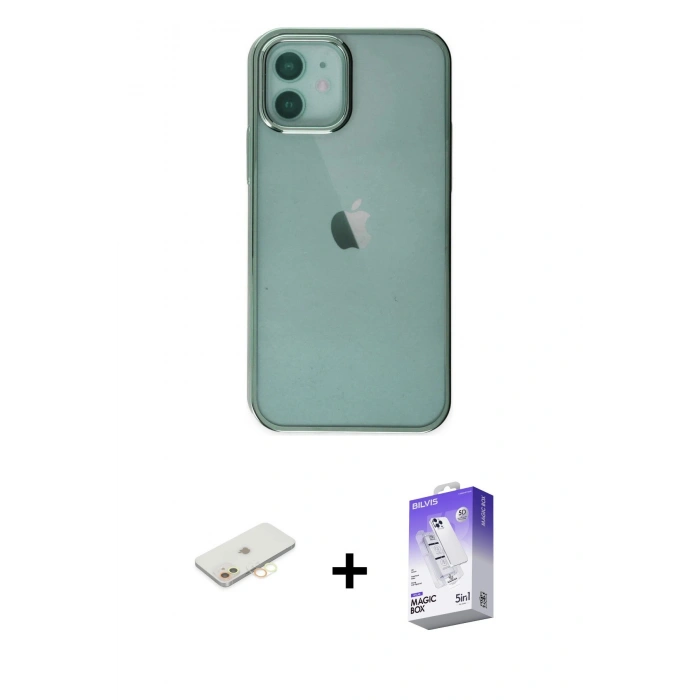 MARSİLYAN™- iPhone 12 Kılıf Doruk Doku Prime - Siyah Bilvis 5in1 3D Magic Cam Ekran Koruyucu + Renkli Kamera Lens Koruma Cam - SI