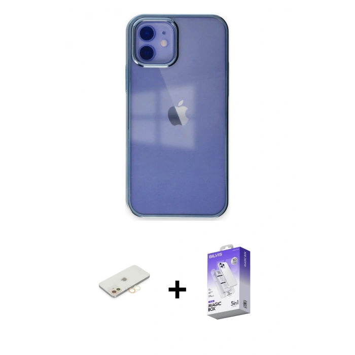 MARSİLYAN™- iPhone 12 Kılıf Doruk Doku Prime - Siyah Bilvis 5in1 3D Magic Cam Ekran Koruyucu + Renkli Kamera Lens Koruma Cam - SI