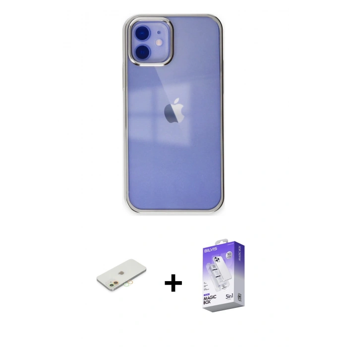 MARSİLYAN™- iPhone 12 Kılıf Doruk Doku Prime - Siyah Bilvis 5in1 3D Magic Cam Ekran Koruyucu + Renkli Kamera Lens Koruma Cam - TU