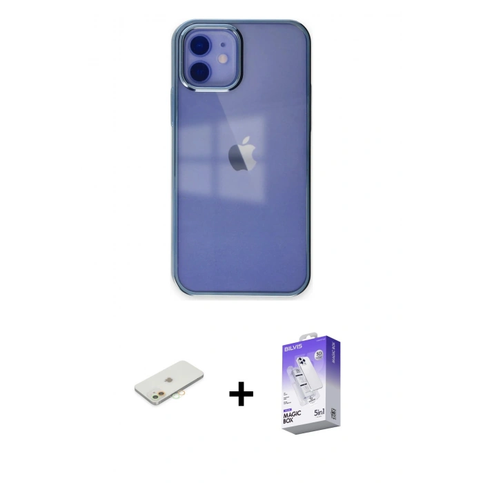 MARSİLYAN™- iPhone 12 Kılıf Doruk Doku Prime - Siyah Bilvis 5in1 3D Magic Cam Ekran Koruyucu + Renkli Kamera Lens Koruma Cam - TU