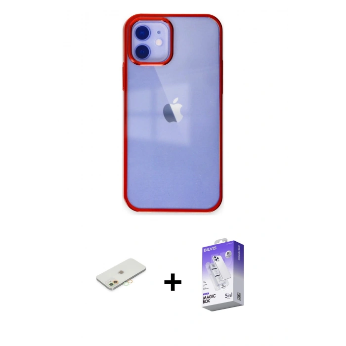 MARSİLYAN™- iPhone 12 Kılıf Doruk Doku Prime - Siyah Bilvis 5in1 3D Magic Cam Ekran Koruyucu + Renkli Kamera Lens Koruma Cam - TU