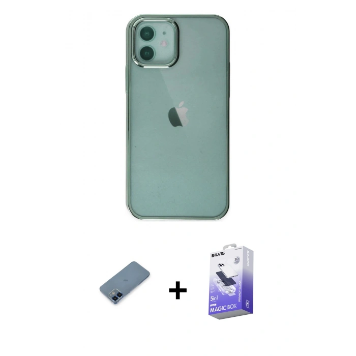 MARSİLYAN™- iPhone 12 Kılıf Doruk Doku Prime - Siyah Bilvis 5in1 5D Magic Hayalet Cam Ekran Koruyucu + Metal Kamera Lens Koruma Cam - MI