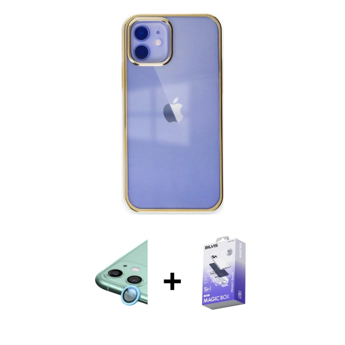 MARSİLYAN™- iPhone 12 Kılıf Doruk Doku Prime - Siyah Bilvis 5in1 5D Magic Hayalet Cam Ekran Koruyucu + Raze Metal Kamera Lens - MI