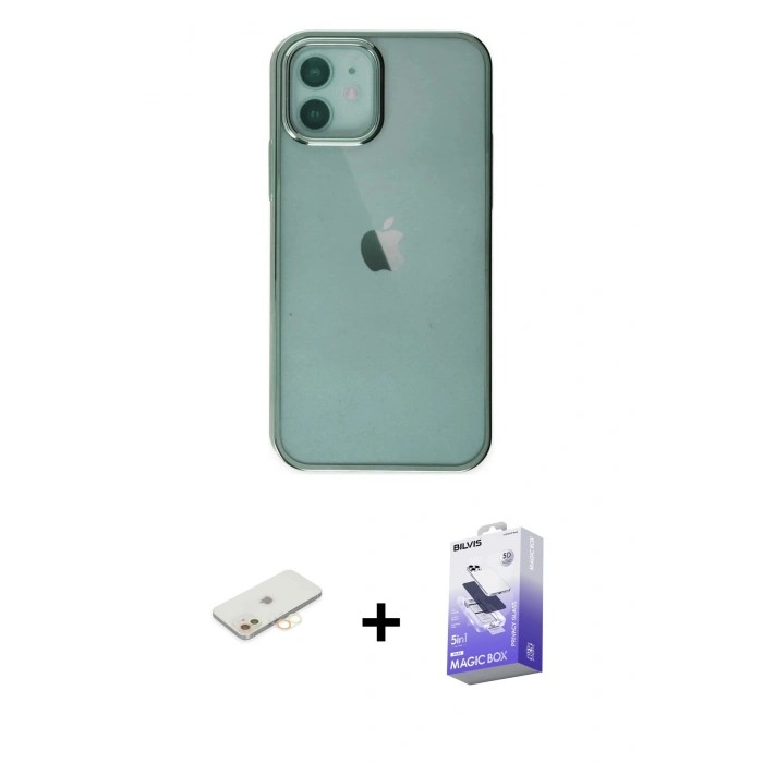 MARSİLYAN™- iPhone 12 Kılıf Doruk Doku Prime - Siyah Bilvis 5in1 5D Magic Hayalet Cam Ekran Koruyucu + Renkli Kamera Lens Koruma Cam - SI