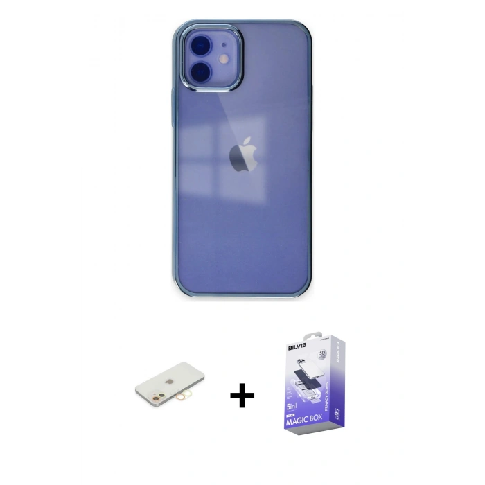 MARSİLYAN™- iPhone 12 Kılıf Doruk Doku Prime - Siyah Bilvis 5in1 5D Magic Hayalet Cam Ekran Koruyucu + Renkli Kamera Lens Koruma Cam - SI