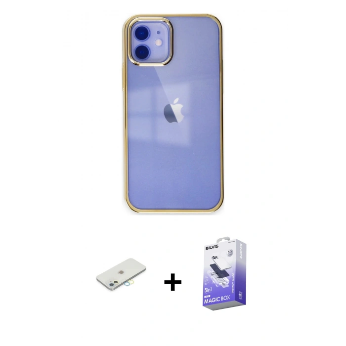 MARSİLYAN™- iPhone 12 Kılıf Doruk Doku Prime - Siyah Bilvis 5in1 5D Magic Hayalet Cam Ekran Koruyucu + Renkli Kamera Lens Koruma Cam - SI