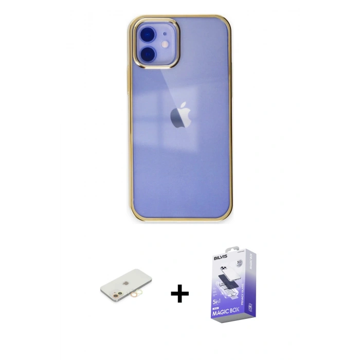 MARSİLYAN™- iPhone 12 Kılıf Doruk Doku Prime - Siyah Bilvis 5in1 5D Magic Hayalet Cam Ekran Koruyucu + Renkli Kamera Lens Koruma Cam - SI