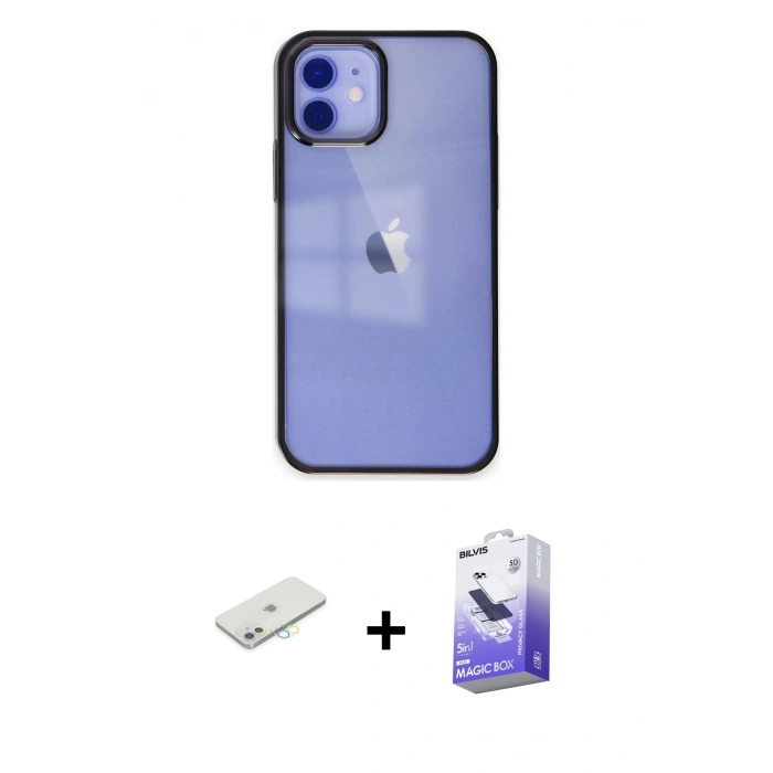 MARSİLYAN™- iPhone 12 Kılıf Doruk Doku Prime - Siyah Bilvis 5in1 5D Magic Hayalet Cam Ekran Koruyucu + Renkli Kamera Lens Koruma Cam - SI