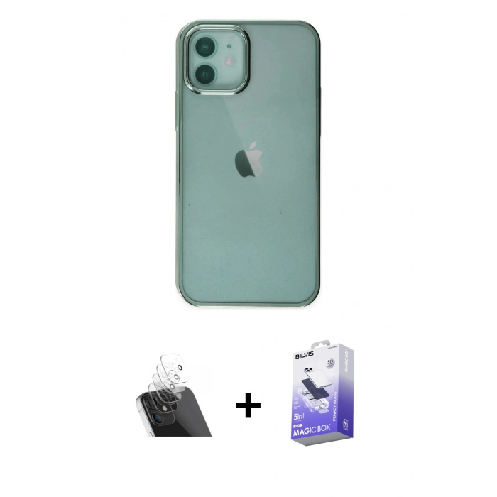 MARSİLYAN™- iPhone 12 Kılıf Doruk Doku Prime - Siyah Bilvis 5in1 5D Magic Hayalet Cam Ekran Koruyucu + Kamera Lens Koruma Cam - SF