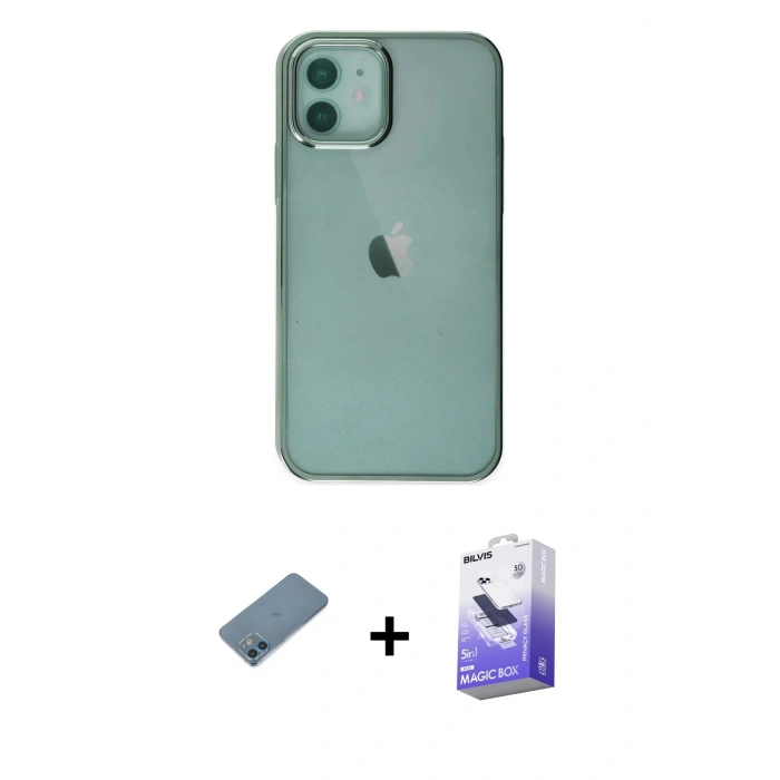 MARSİLYAN™- iPhone 12 Kılıf Doruk Doku Prime - Siyah Bilvis 5in1 5D Magic Hayalet Cam Ekran Koruyucu + Shine Kamera Lens Koruma Cam - MI
