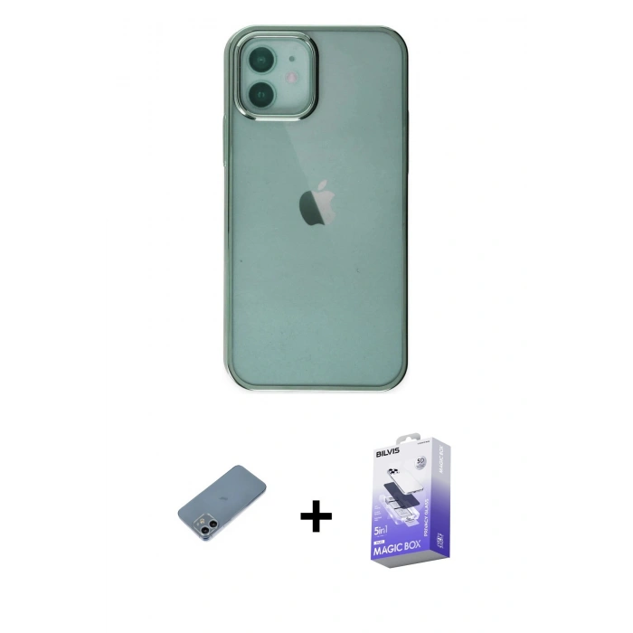 MARSİLYAN™- iPhone 12 Kılıf Doruk Doku Prime - Siyah Bilvis 5in1 5D Magic Hayalet Cam Ekran Koruyucu + Shine Kamera Lens Koruma Cam - SABE