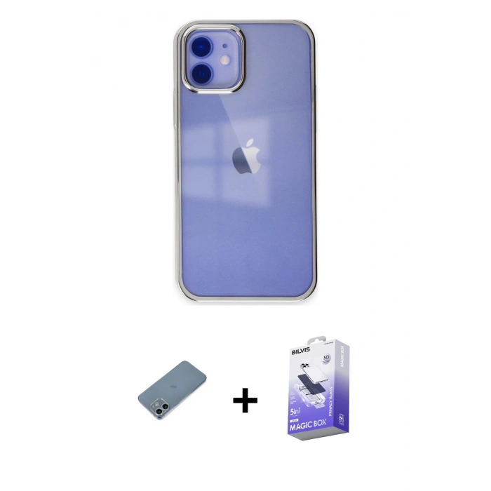 MARSİLYAN™- iPhone 12 Kılıf Doruk Doku Prime - Siyah Bilvis 5in1 5D Magic Hayalet Cam Ekran Koruyucu + Shine Kamera Lens Koruma Cam - SABE