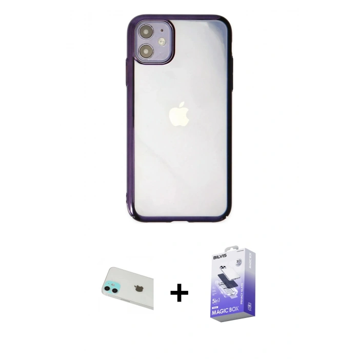 MARSİLYAN™- iPhone 12 Kılıf Doruk Doku Prime - Siyah Bilvis 5in1 5D Magic Hayalet Cam Ekran Koruyucu + Rainbow Kamera Lens Koruma Cam - YL