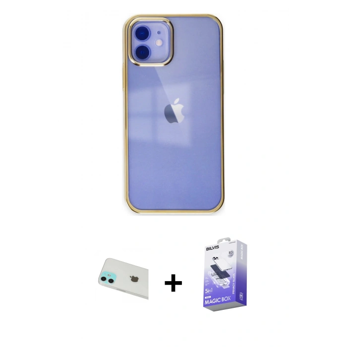 MARSİLYAN™- iPhone 12 Kılıf Doruk Doku Prime - Siyah Bilvis 5in1 5D Magic Hayalet Cam Ekran Koruyucu + Rainbow Kamera Lens Koruma Cam - YL