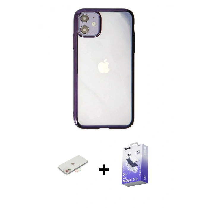 MARSİLYAN™- iPhone 12 Kılıf Doruk Doku Prime - Siyah Bilvis 5in1 5D Magic Hayalet Cam Ekran Koruyucu + Renkli Kamera Lens Koruma Cam - YL