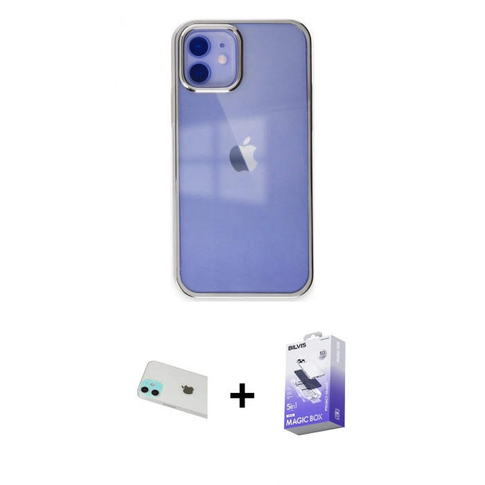 MARSİLYAN™- iPhone 12 Kılıf Doruk Doku Prime - Siyah Bilvis 5in1 5D Magic Hayalet Cam Ekran Koruyucu + Rainbow Kamera Lens Koruma Cam - YL