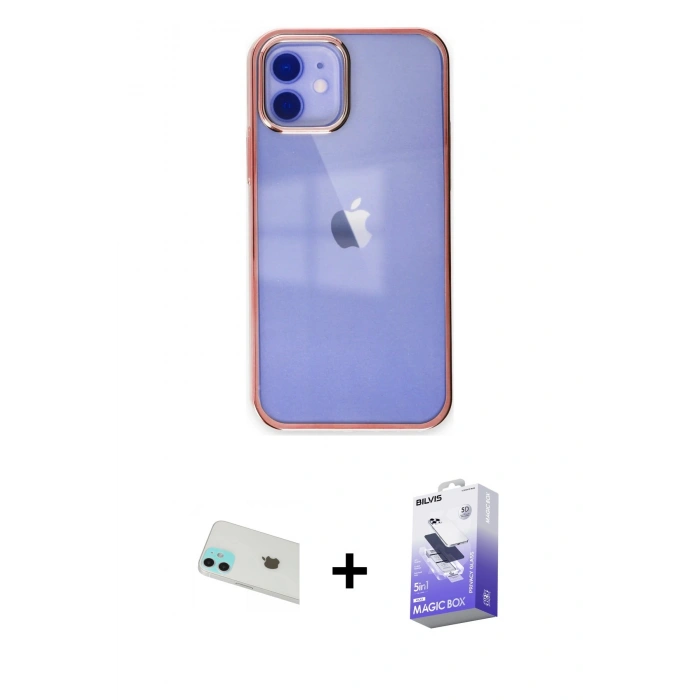 MARSİLYAN™- iPhone 12 Kılıf Doruk Doku Prime - Siyah Bilvis 5in1 5D Magic Hayalet Cam Ekran Koruyucu + Rainbow Kamera Lens Koruma Cam - YL