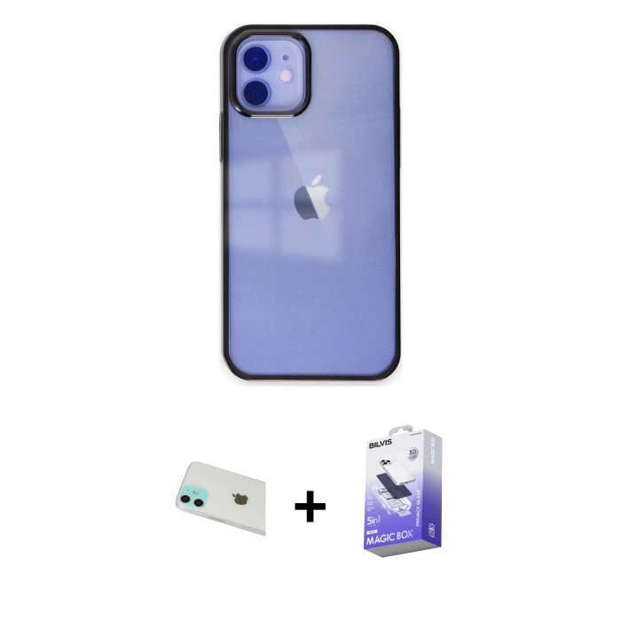 MARSİLYAN™- iPhone 12 Kılıf Doruk Doku Prime - Siyah Bilvis 5in1 5D Magic Hayalet Cam Ekran Koruyucu + Rainbow Kamera Lens Koruma Cam - YL