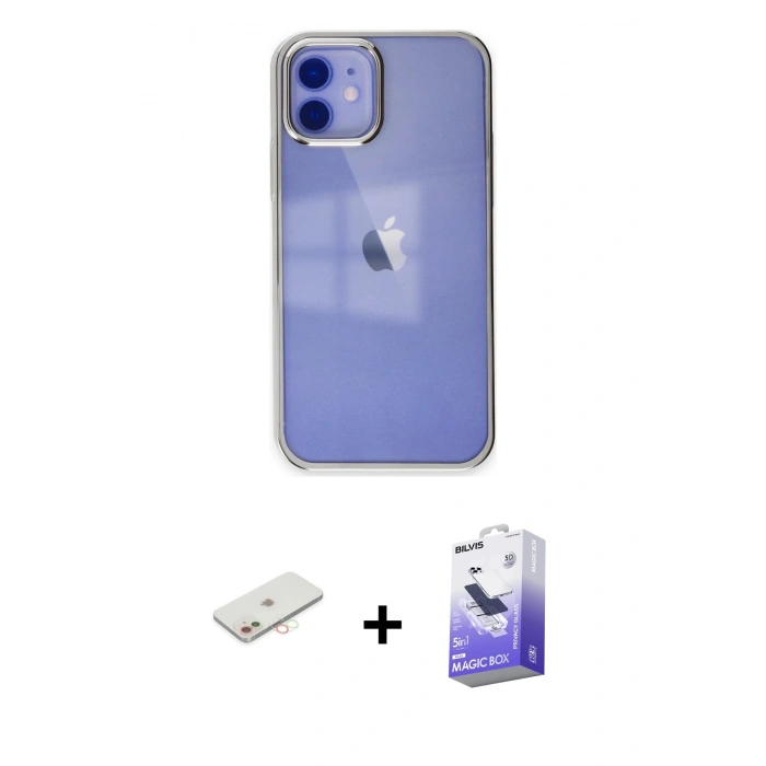 MARSİLYAN™- iPhone 12 Kılıf Doruk Doku Prime - Siyah Bilvis 5in1 5D Magic Hayalet Cam Ekran Koruyucu + Renkli Kamera Lens Koruma Cam - YL