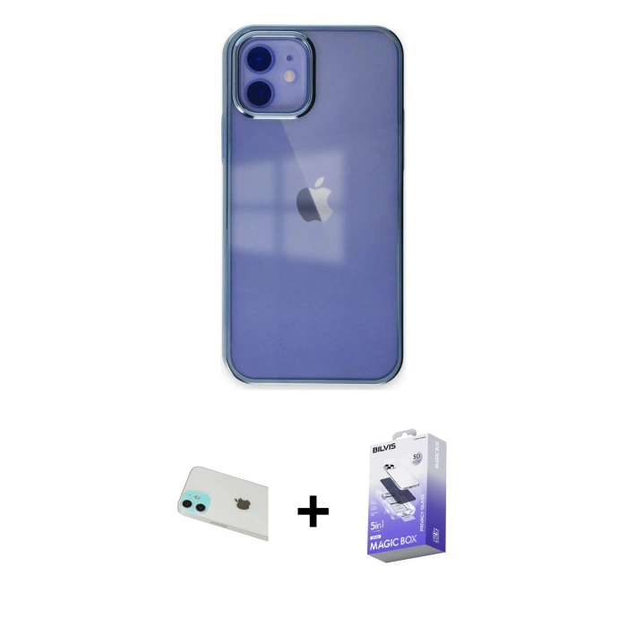 MARSİLYAN™- iPhone 12 Kılıf Doruk Doku Prime - Siyah Bilvis 5in1 5D Magic Hayalet Cam Ekran Koruyucu + Rainbow Kamera Lens Koruma Cam - YL