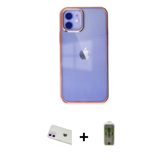 MARSİLYAN™- iPhone 12 Kılıf Doruk Doku Prime - Siyah Joko Magic 5D Hayalet Cam + Mor Rainbow Kamera Lens Koruma Cam