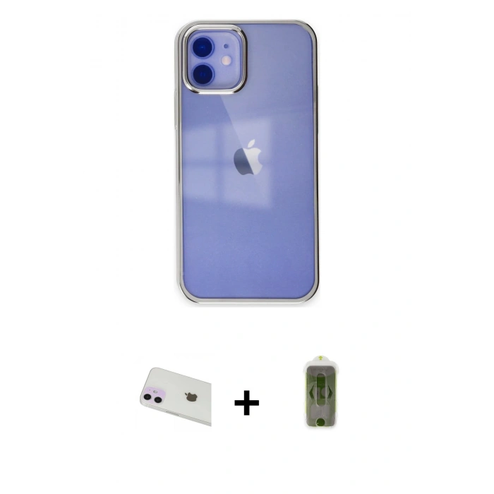 MARSİLYAN™- iPhone 12 Kılıf Doruk Doku Prime - Siyah Joko Magic 5D Hayalet Cam + Mor Rainbow Kamera Lens Koruma Cam