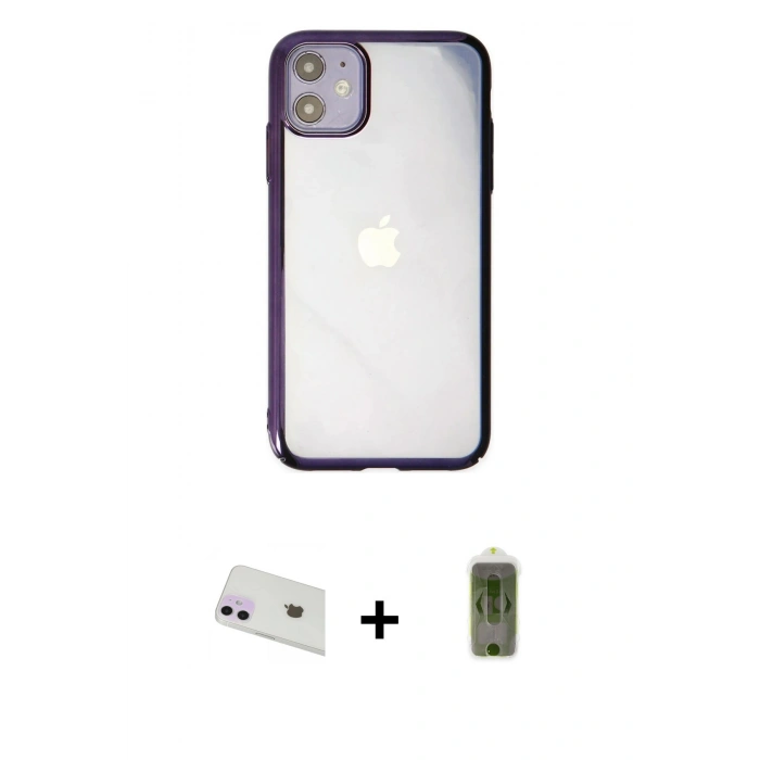 MARSİLYAN™- iPhone 12 Kılıf Doruk Doku Prime - Siyah Joko Magic 5D Hayalet Cam + Mor Rainbow Kamera Lens Koruma Cam