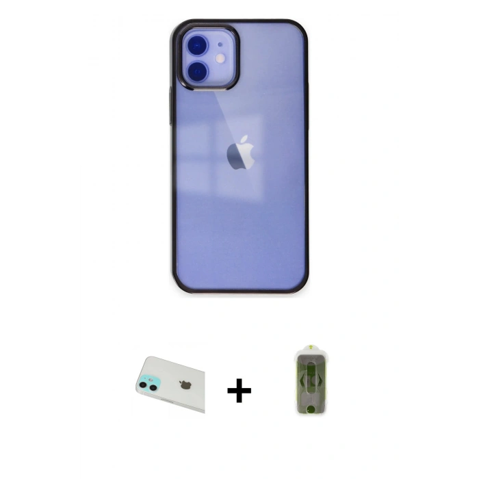 MARSİLYAN™- iPhone 12 Kılıf Doruk Doku Prime - Siyah Joko Magic 5D Hayalet Cam + Rainbow Kamera Lens Koruma Cam - YL
