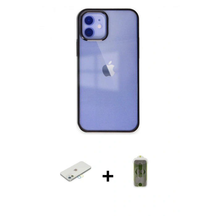 MARSİLYAN™- iPhone 12 Kılıf Doruk Doku Prime - Siyah Joko Magic 5D Hayalet Cam + Renkli Kamera Lens Koruma Cam - SI